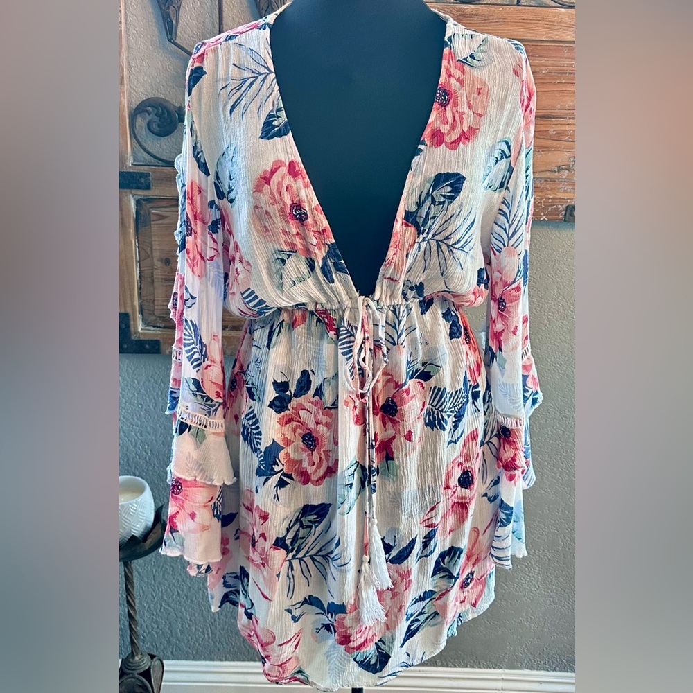 Flowy Rayon Gauze Flowered Beach Swimsuit Coverup Boho Dress by Blue Island Sz M